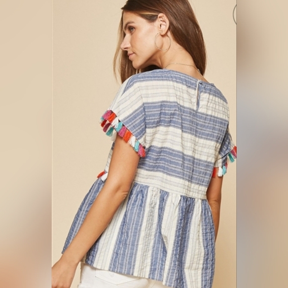 ANDREE by UNIT Boho Pom Pom Tassel Striped Linen Baby Doll Top Small - Picture 2 of 7